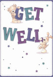 The cheerful design of this get well card captures the uplifting energy of Redbridge, radiating positivity in every brushstroke. Two delightful characters-a teddy bear and an eager puppy-spring joyfully from the scene, each holding and balancing the large, vivid 'Get Well' lettering. The vibrant indigo and teal shades create a lively contrast against a softly luminous backdrop, echoing the brightness of Redbridge's markets and flower stalls. Sprinkled stars in blue and purple shades glisten above, fostering a whimsical atmosphere of hope and renewal. Each furry detail, from the bear's gentle brown coat to the puppy's velvety ears, invites the comfort of a warm embrace-like a bouquet delivered by a trusted Redbridge florist to a neighbour in need. This illustration delivers a message deeper than words, offering heartfelt support for a swift recovery and a reminder that kindness is always in bloom here in Redbridge.